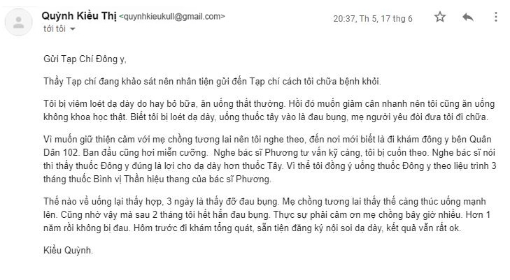 Bệnh nhân viêm loét dạ dày chia sẻ kết quả điều trị bằng Bình Vị Thần Hiệu Thang trên Tạp chí Đông y